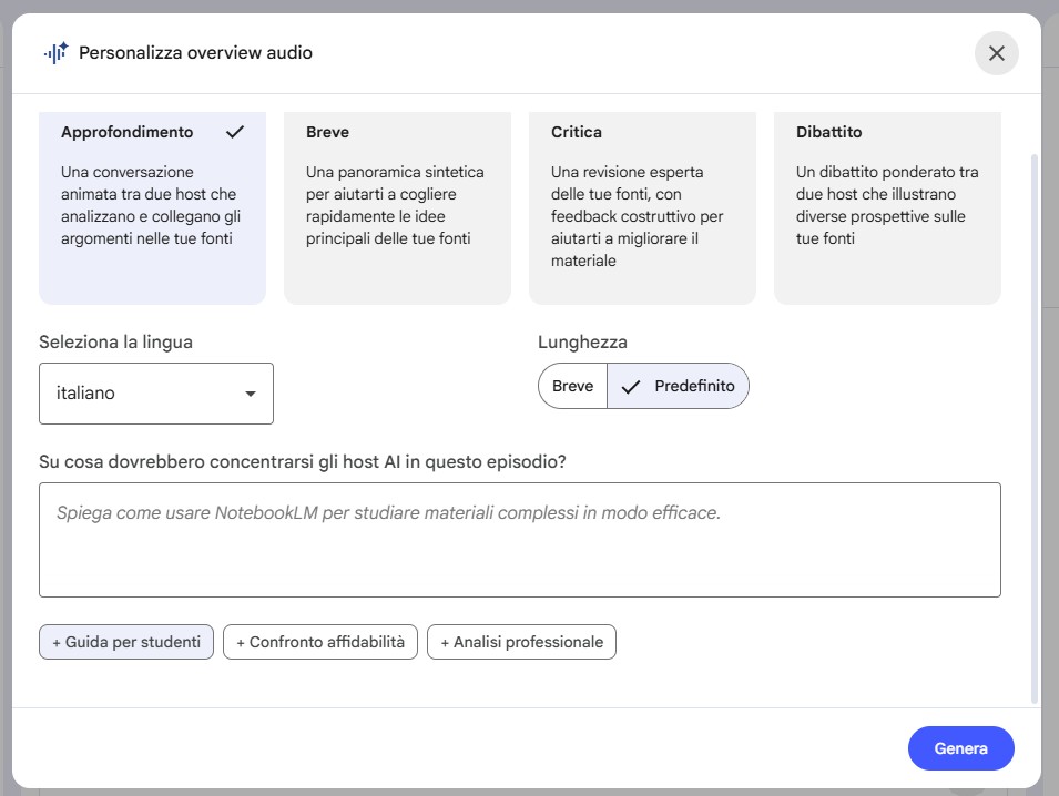 Creare podcast con NotebookLM